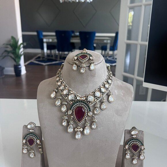 Victorian Polki Kundan Choker Necklace Set | Ruby Emerald Wedding Jewelry - Picture 9 of 15